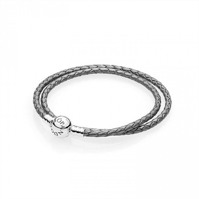 Pandora Jewelry Silver Grey Braided Double-Leather Charm Bracelet 590745CSG-D