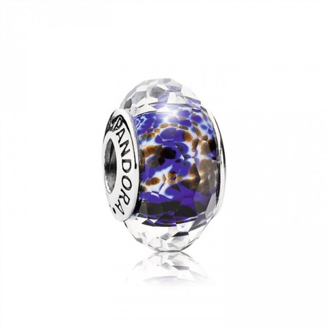 Pandora Jewelry Abstract faceted fritt silver charm with blue-white and brown
