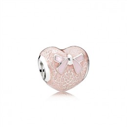 Pandora Jewelry Pink Bow & Lace Heart Charm-Transparent Misty Rose & Soft Pink Enamel