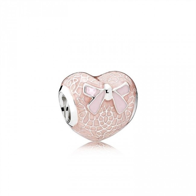 Pandora Jewelry Pink Bow & Lace Heart Charm-Transparent Misty Rose & Soft Pink Enamel